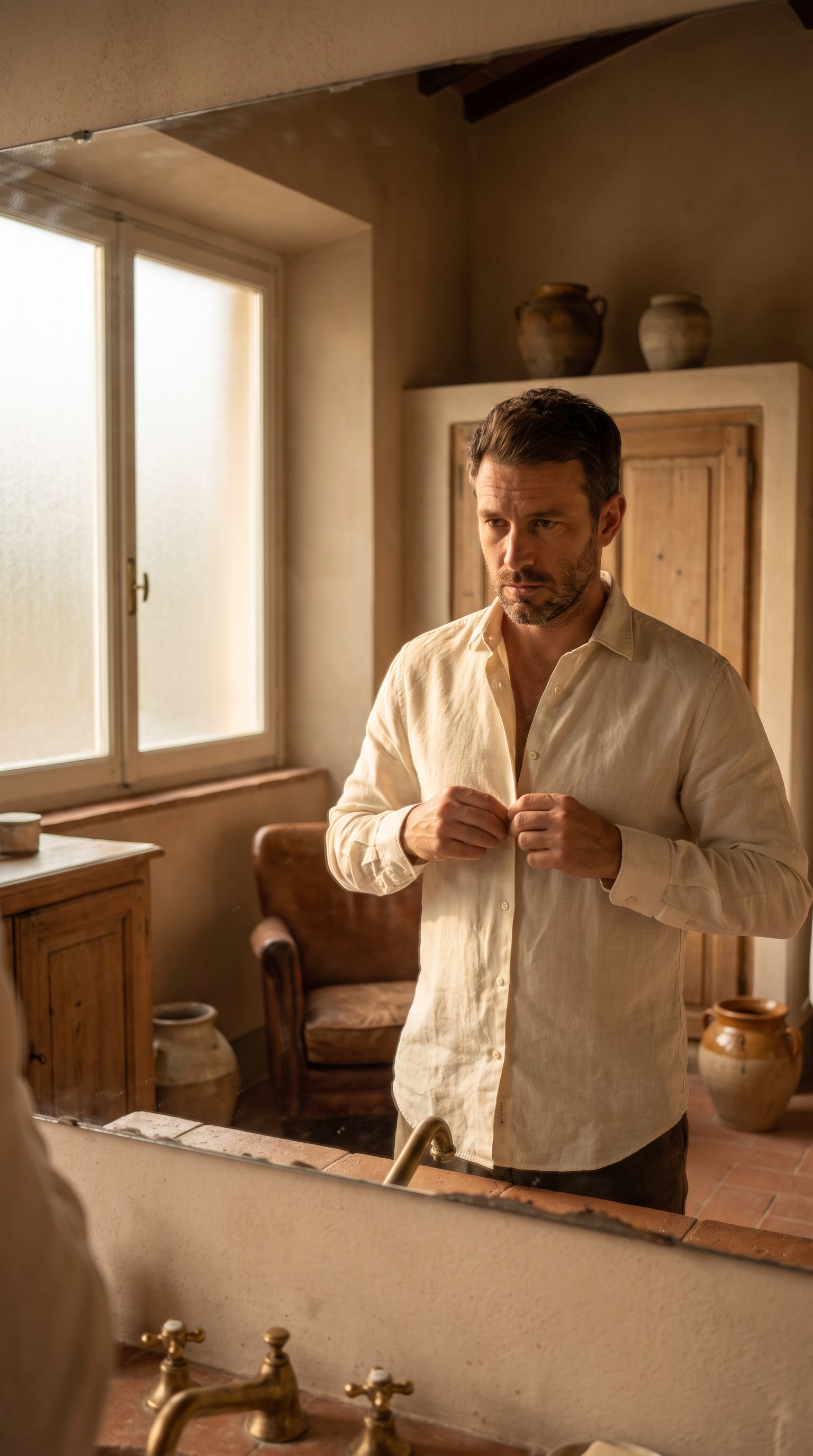 Uomo che si abbottona la camicia davanti allo specchio del bagno