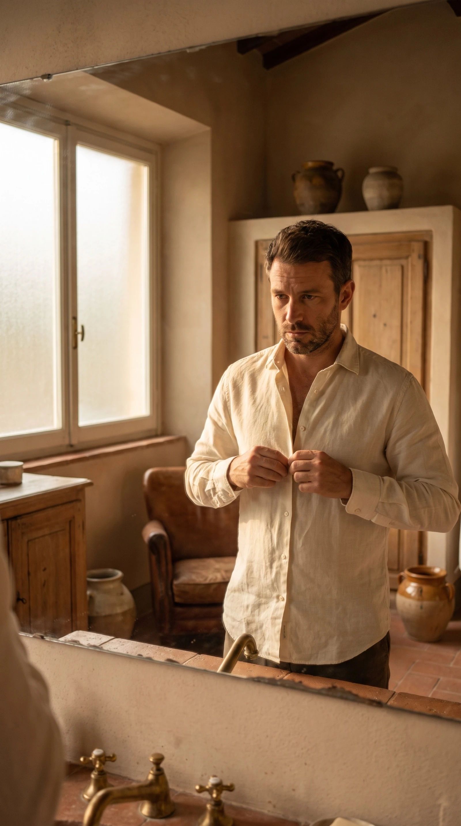 Uomo che si abbottona la camicia davanti allo specchio del bagno